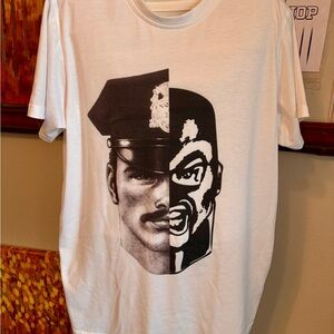 Men's White Graphic Tee with Bold Face Design